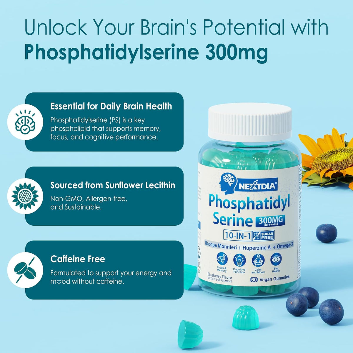 Phosphatidylserine Nootropic Brain Supplement Gummies - Focus & Energy + Bacopa Monnieri, Omega-3, Huperzine A, Methyl B12 & B6 - Non-GMO, Sugar Free, 60 Count - görsel 3