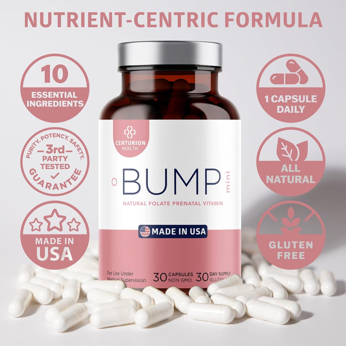 Centurion Health Bump Mini Complete Antenatal Vitamins for Women with Folate, Choline, Carbonyl Iron, Zinc, Vitamin D3 and Vitamin B12, 30 Capsules - görsel 7