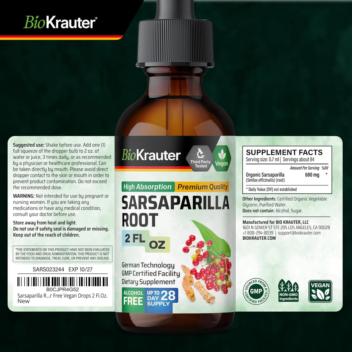 BIO KRAUTER Sarsaparilla Root Extract for Liver Support & Detoxification – Natural Tincture, 60 ml - görsel 9
