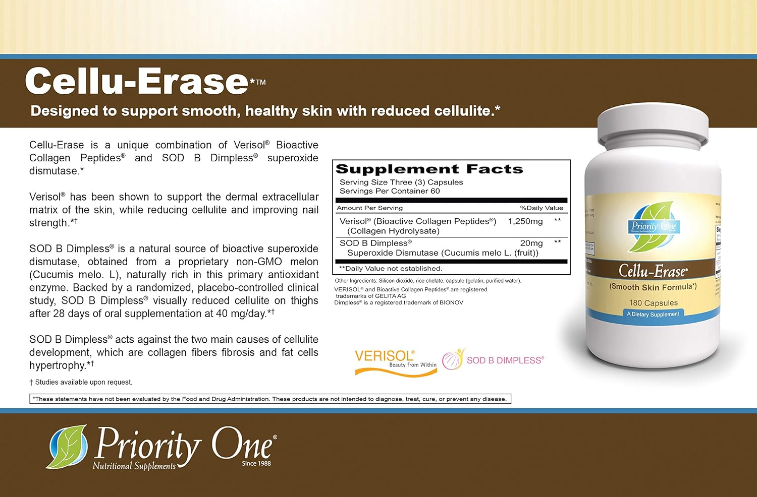 Priority One Vitamins Cellu-Erase – Smooth Skin Formula with Verisol Collagen Peptides (180 Capsules) - görsel 7