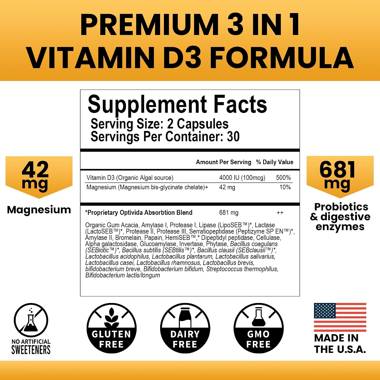 OPTIVIDA Bio-available Vegan Vitamin D3 4000 IU with Magnesium, Probiotics & Digestive Enzymes - görsel 2
