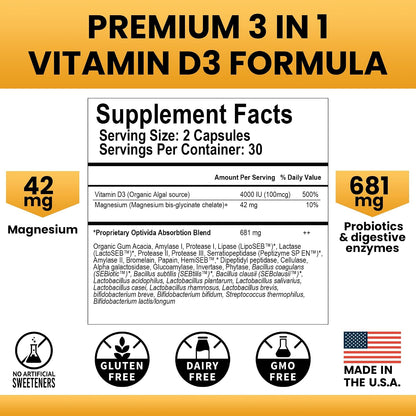OPTIVIDA Bio-available Vegan Vitamin D3 4000 IU with Magnesium, Probiotics & Digestive Enzymes