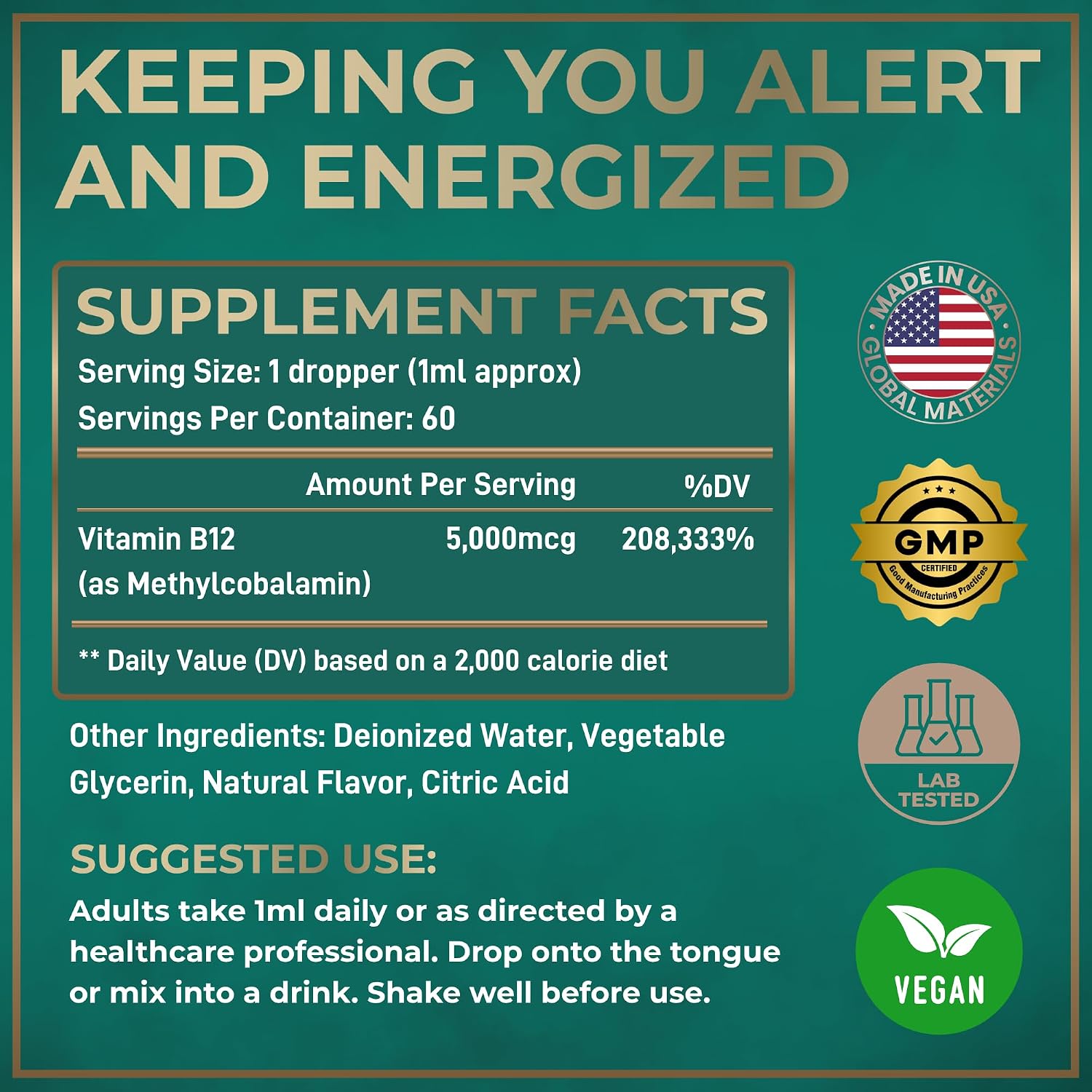 Vegan Vitamin B12 Liquid Drops - 5000 mcg Methylcobalamin - Energy, Memory & Mood Support - Sublingual Supplement - Natural Citrus Flavour - 2 fl oz - görsel 5