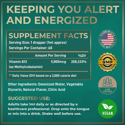 Vegan Vitamin B12 Liquid Drops - 5000 mcg Methylcobalamin - Energy, Memory & Mood Support - Sublingual Supplement - Natural Citrus Flavour - 2 fl oz