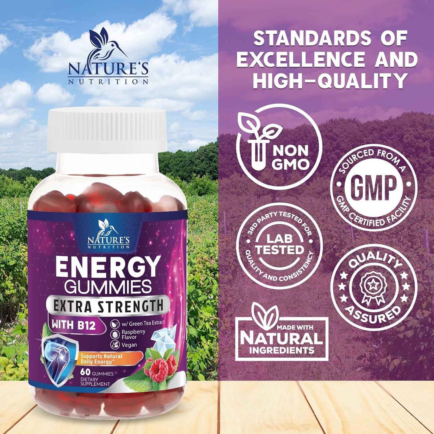 Energy Gummies with Vitamin B12 & Green Tea Caffeine - Berry Flavour - 60 Count - görsel 4