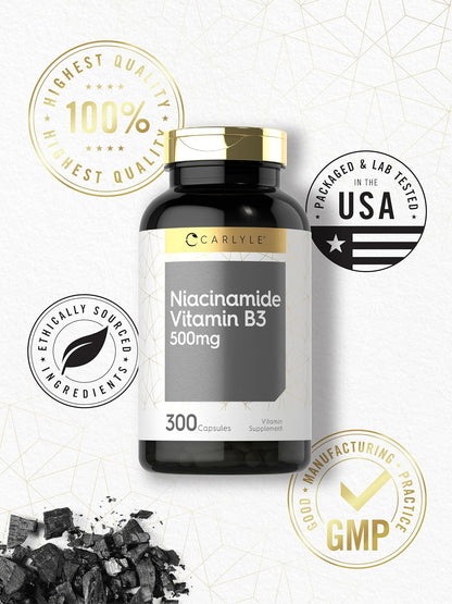 Carlyle Niacinamide 500 mg – 300 Capsules | Vitamin B3 Supplement