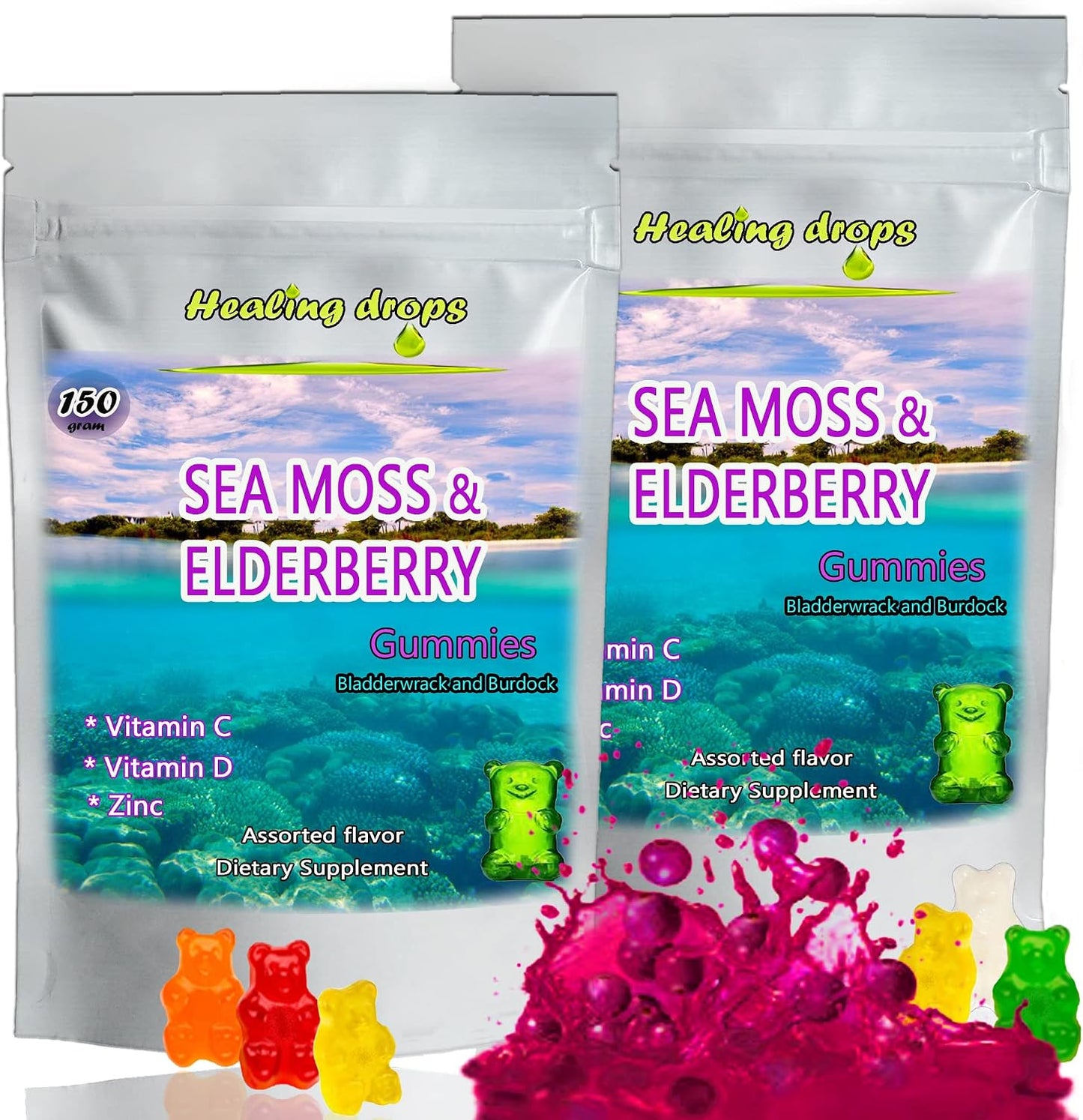 Irish Sea Moss Gummies – Raw Organic Wildcrafted Sun-Dried with Bladderwrack & Burdock Root – Keto Vegan Non-GMO (Elderberry) - görsel 1