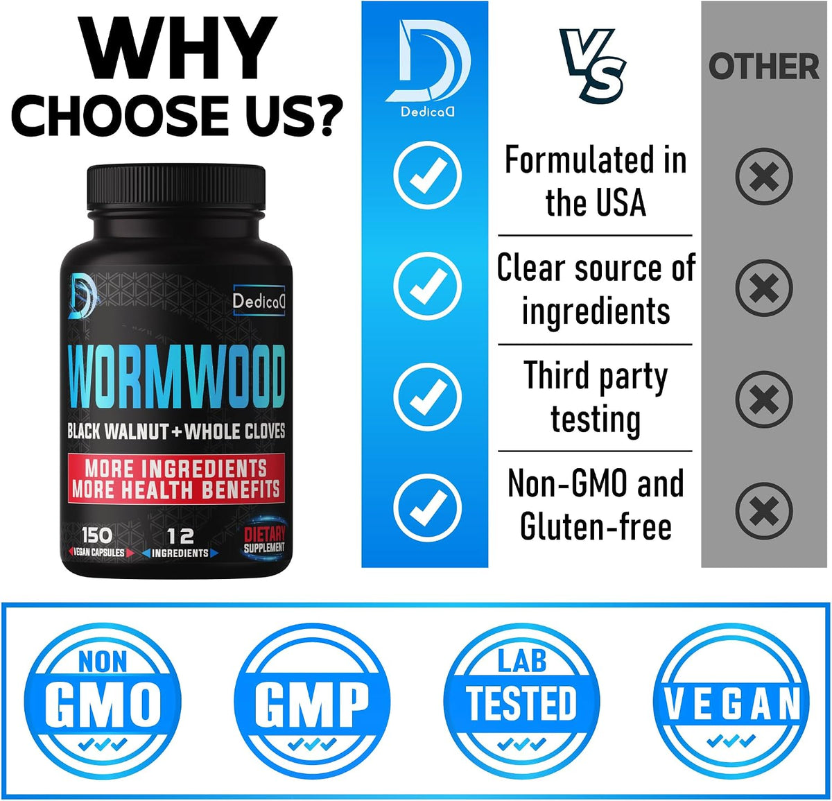 DEDICAD Premium Wormwood Extract Capsules - 5 Month Supply - 12 Herbs Blend with Black Walnut, Ginger, Turmeric & More - 150 Counts - görsel 4