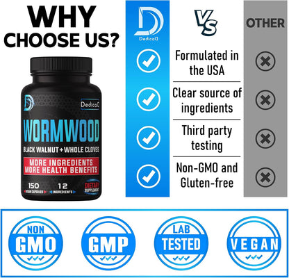 DEDICAD Premium Wormwood Extract Capsules - 5 Month Supply - 12 Herbs Blend with Black Walnut, Ginger, Turmeric & More - 150 Counts