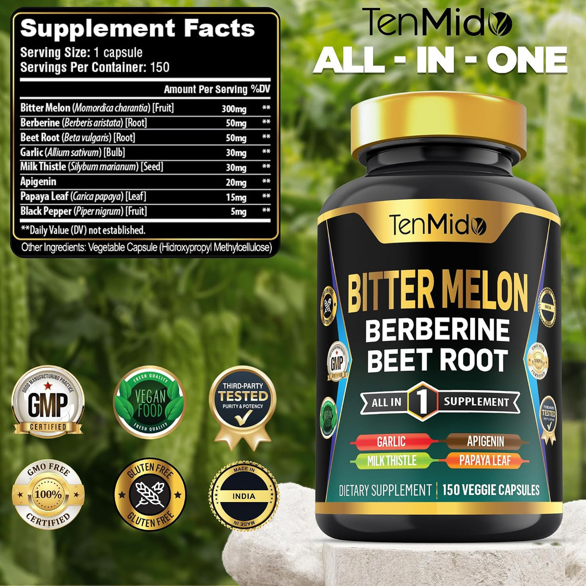 Tenmido Bitter Melon Capsules - 8in1 Formula with Berberine, Beet Root, Garlic, Milk Thistle, Apigenin, Papaya Leaf & Black Pepper (150 Vegan Capsules) - görsel 2
