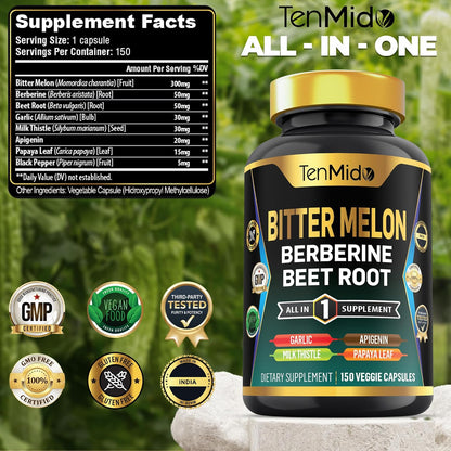 Tenmido Bitter Melon Capsules - 8in1 Formula with Berberine, Beet Root, Garlic, Milk Thistle, Apigenin, Papaya Leaf & Black Pepper (150 Vegan Capsules)