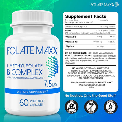 L-Methylfolate 7.5mg with Active Vitamin B Complex – High-Potency 5-MTHF with B6 and Methyl B12 – 60 Capsules