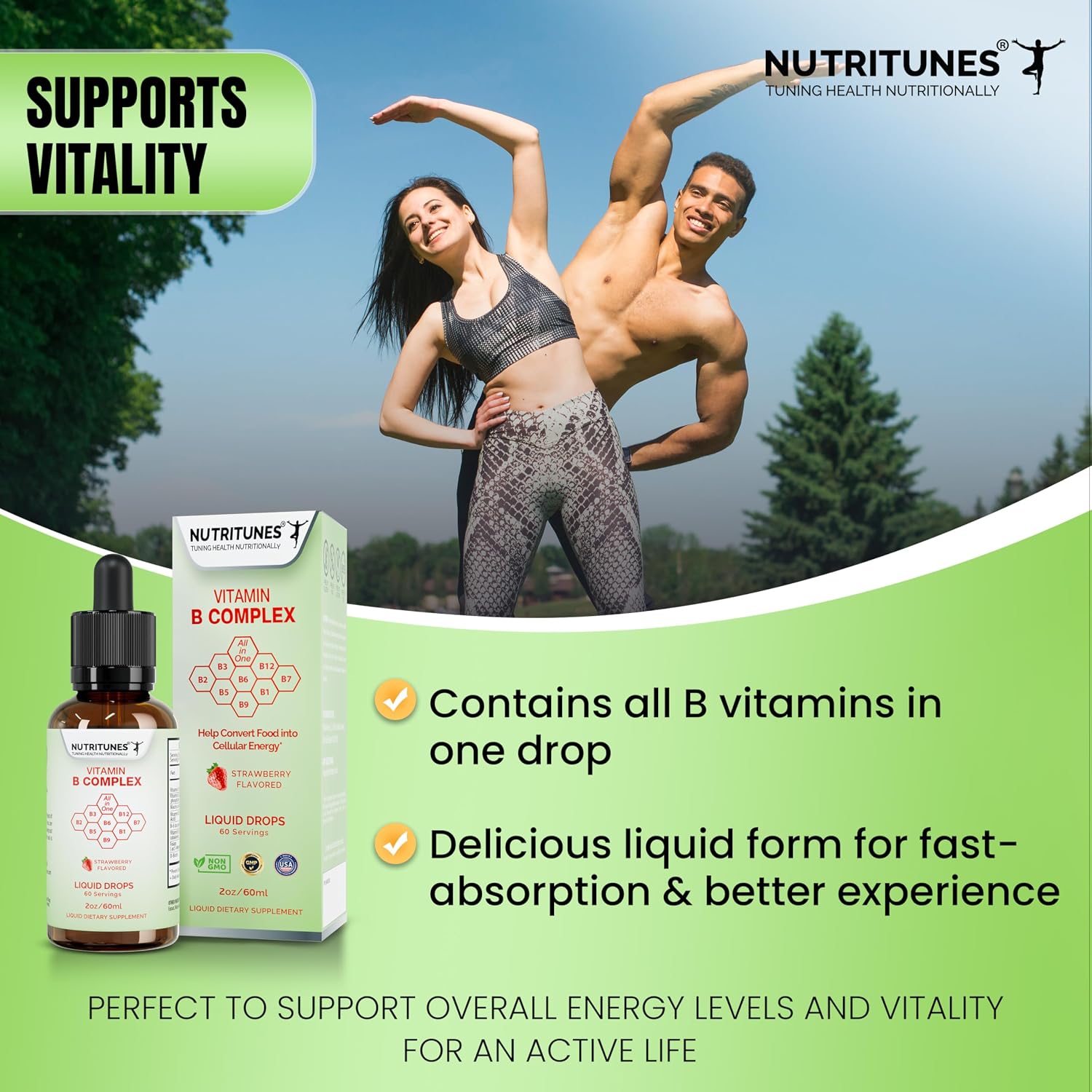 Nutritunes Liquid Vitamin B Complex – High-Potency B-Vitamin Drops – Strawberry Flavour, Non-GMO, Sugar-Free - görsel 5
