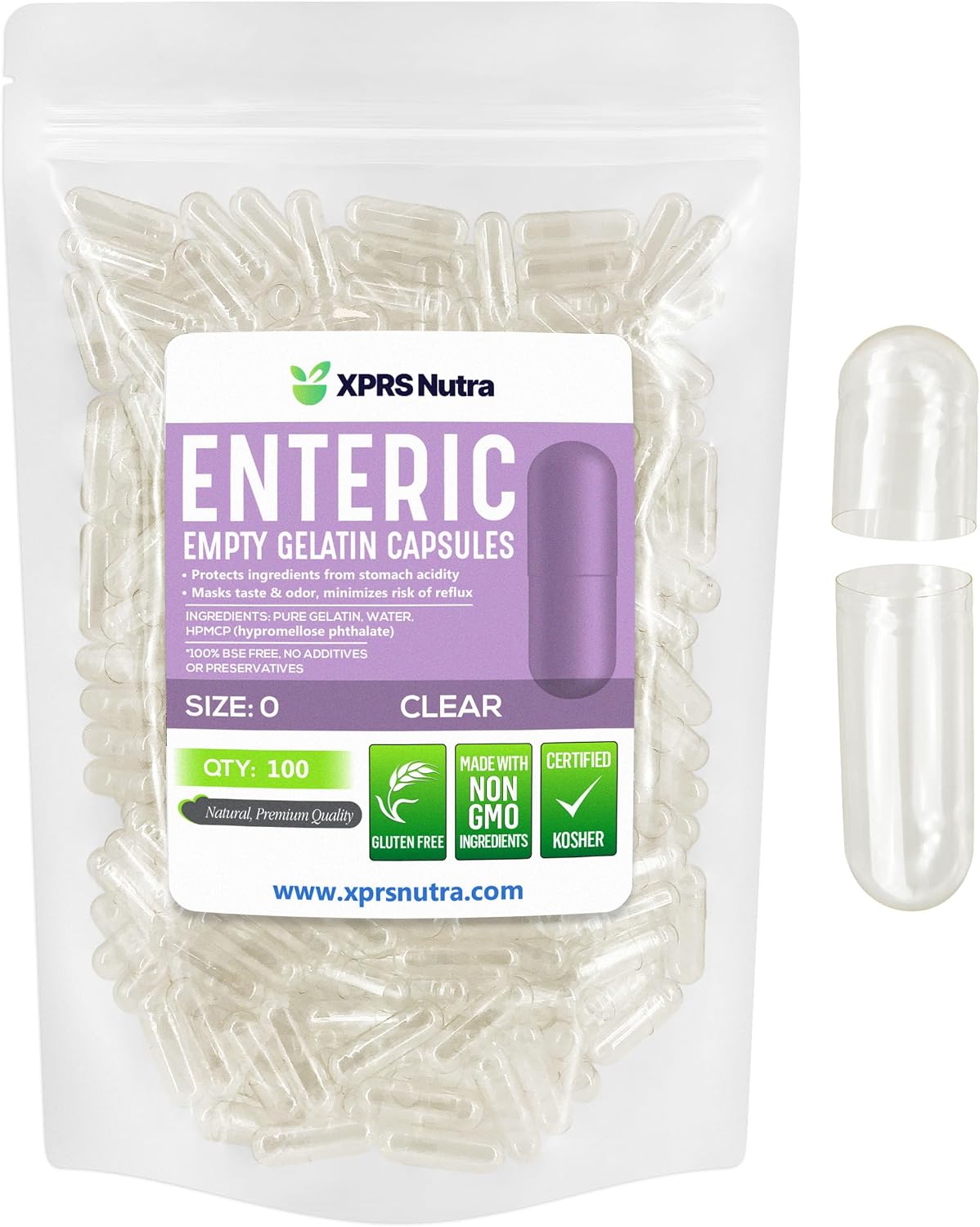 XPRS Nutra Size 0 Empty Enteric Coated Gelatin Capsules – 100 Capsules - görsel 1