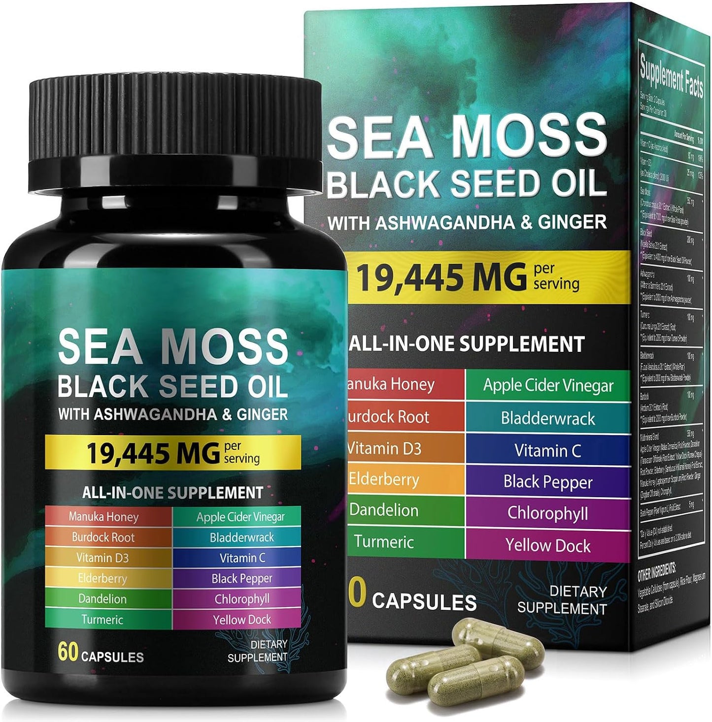 Sea Moss Black Seed Oil Ashwagandha Ginger Supplement - 60 Capsules - görsel 1