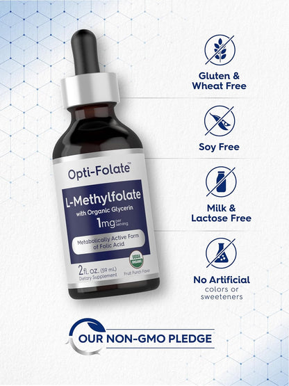 Carlyle L-Methylfolate Drops 1mg - 59ml - Liquid Sublingual Supplement with Organic Glycerine - Fruit Punch Flavour - Vegetarian, Non-GM