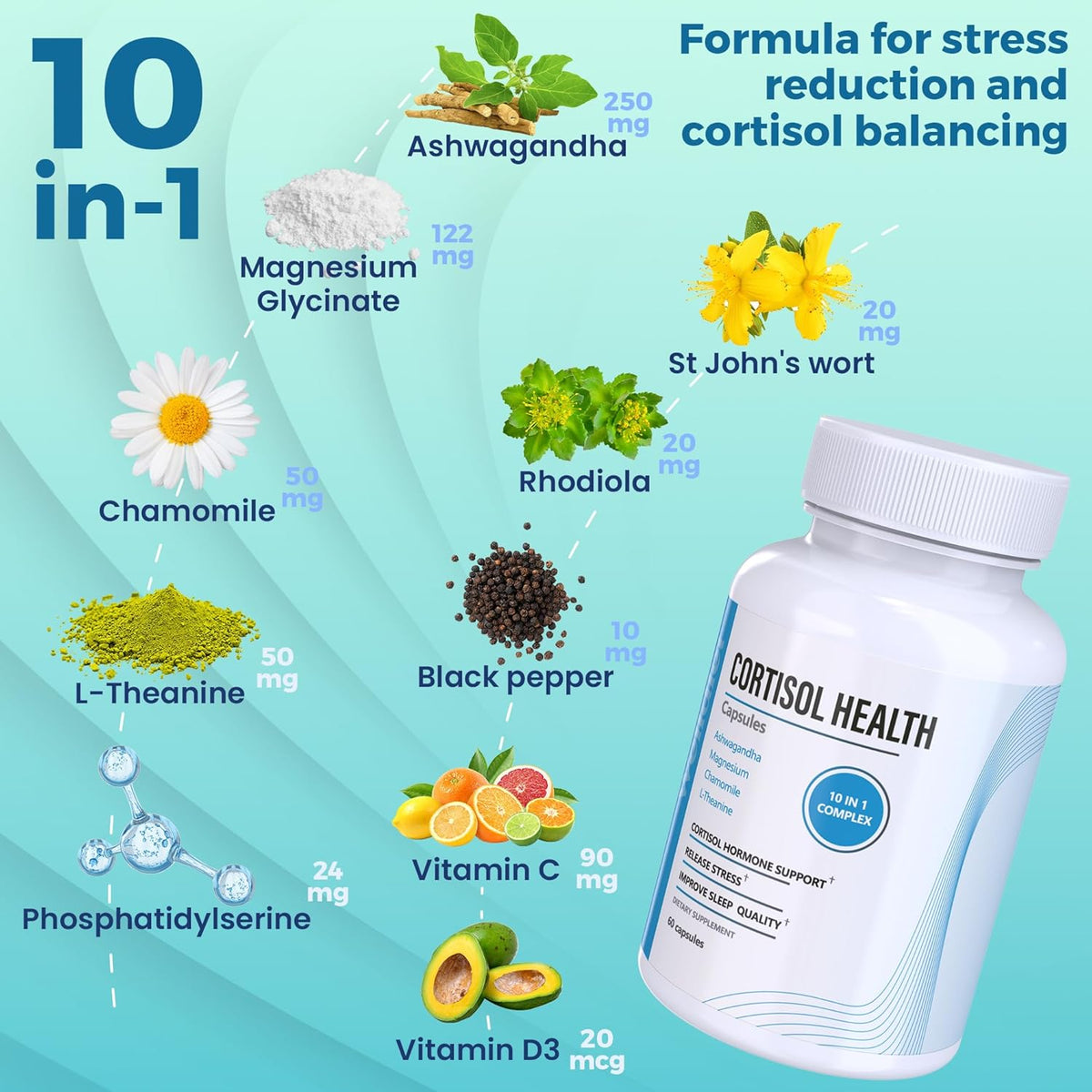 Welldiet 10-in-1 Cortisol Supplement with Magnesium, Ashwagandha, Chamomile, L-Theanine, St. John's Wort, Rhodiola - 60 Capsules - görsel 2