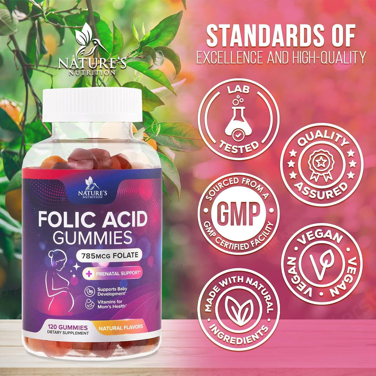 Folic Acid Gummies for Women – Prenatal Folate Supplement – Natural Orange & Cherry Flavour – 120 Gummies - görsel 4