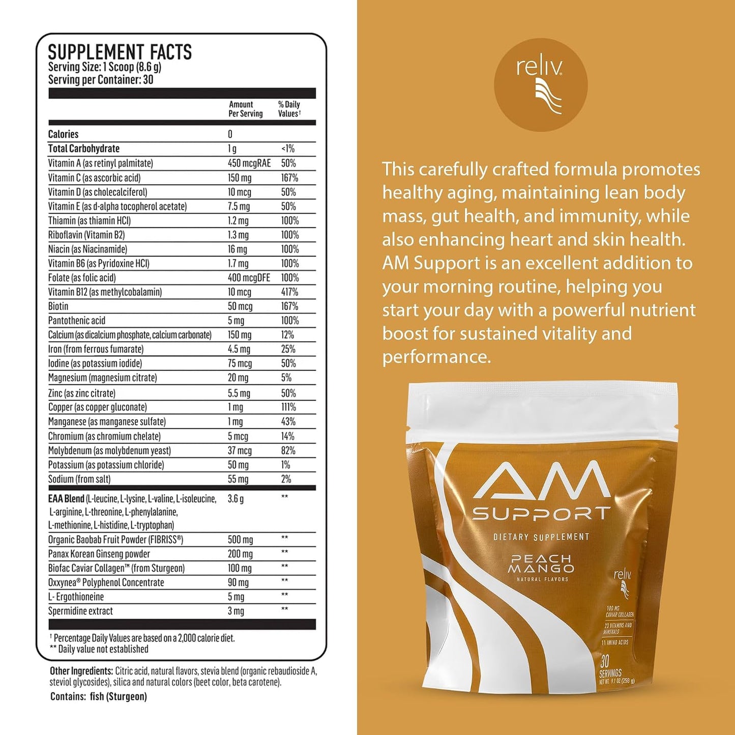 Reliv AM Support Morning Nutrition Drink Mix – Zero Calorie GLP-1 Nutritional Support with Vitamins, Minerals, Amino Acids, Prebiotic Fibre, Baobab, Ginseng & Marine Collagen - Peach & Mango - 30 Servings - görsel 2