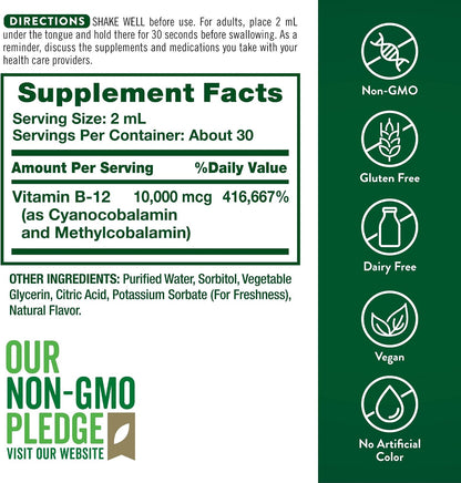 Nature's Truth B12 Sublingual Liquid Drops | 10,000 mcg | 60 ml | Vegan, Non-GMO & Gluten-free