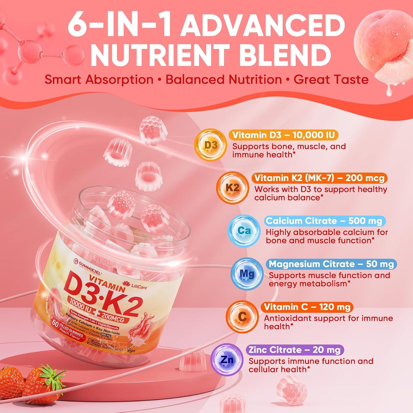 Vitamin D3 K2 Gummies with Calcium, Magnesium, Zinc - 5000 IU / 10,000 IU - Vegan, Sugar-Free, 60 Count - görsel 7