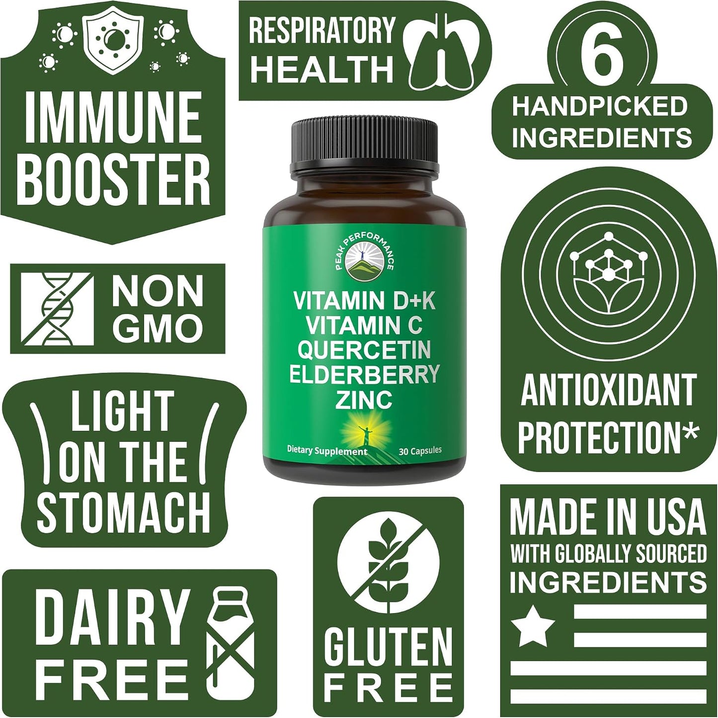 Peak Performance Immune Support Supplement - 6 Key Ingredients Vitamin D3 K2, Vitamin C, Elderberry, Zinc, Quercetin - görsel 3