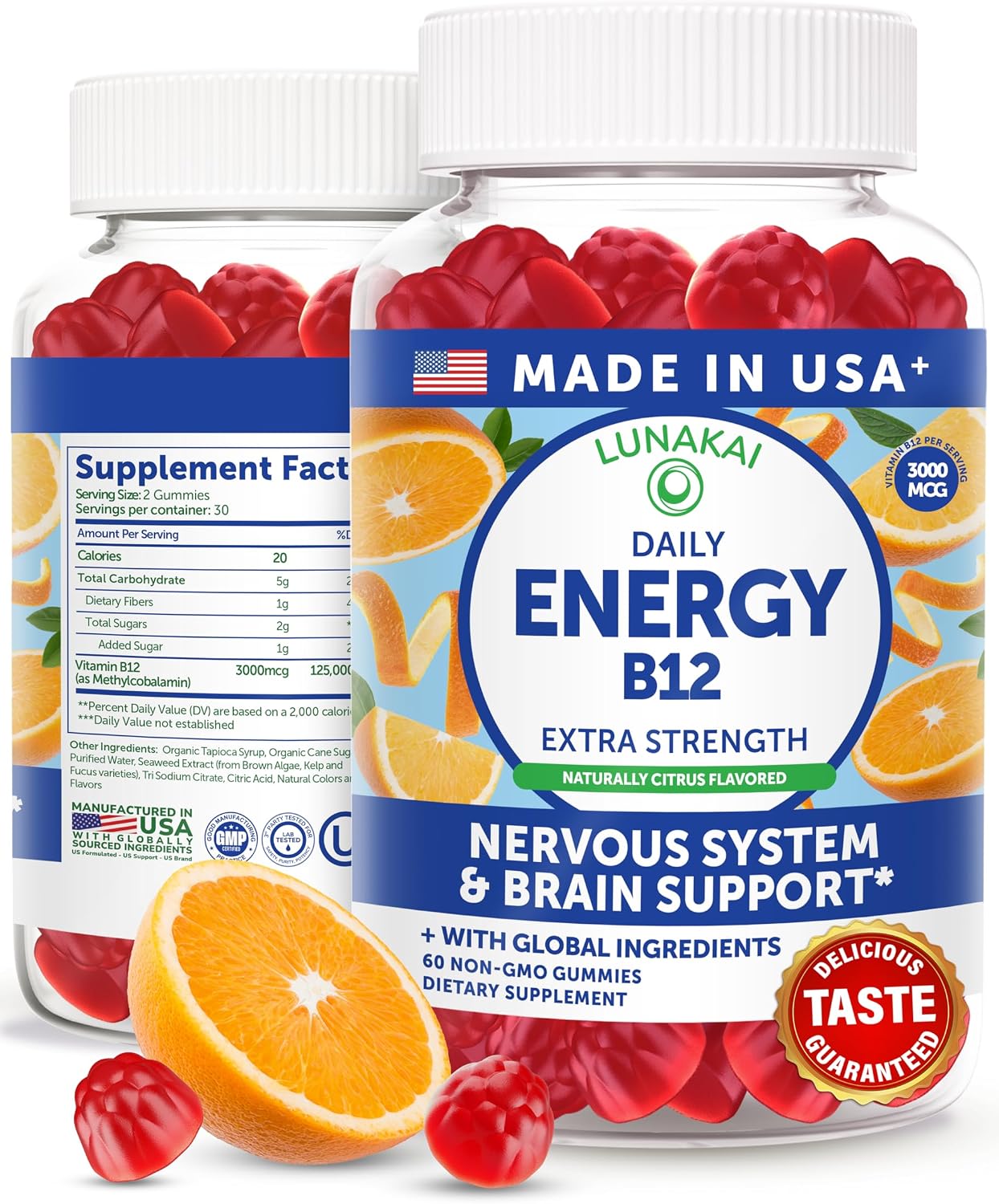 Lunakai USA-made Vegan Energy Gummies – 3000mcg Vitamin B12 Gummies for Women and Men – 60 Count - görsel 1