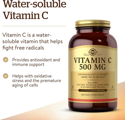 Solgar Vitamin C 500 mg, 250 Vegetable Capsules - Immune and Antioxidant Support