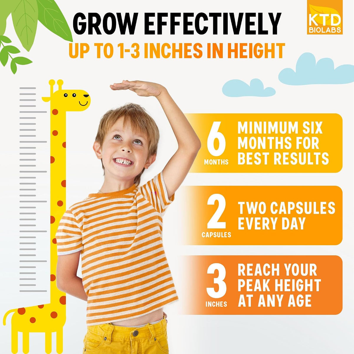 KTD BIOLABS Kids Height Growth Support Capsules – Extended Supply Development Formula with Calcium, Vitamin D3 & Zinc – Bone & Nutrition Support for Kids & Teens – Amino Blend – 120 Capsules - görsel 5