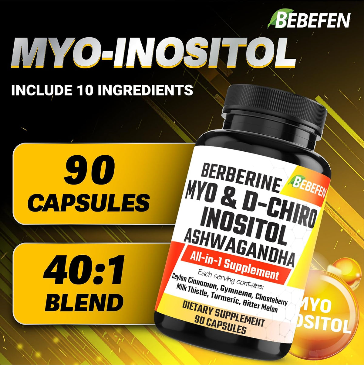 Myo-Inositol & D-Chiro Inositol Capsules with Ashwagandha, Berberine, Cinnamon, Gymnema, Chasteberry, Milk Thistle, Turmeric, Bitter Melon – 90 Capsules - görsel 2