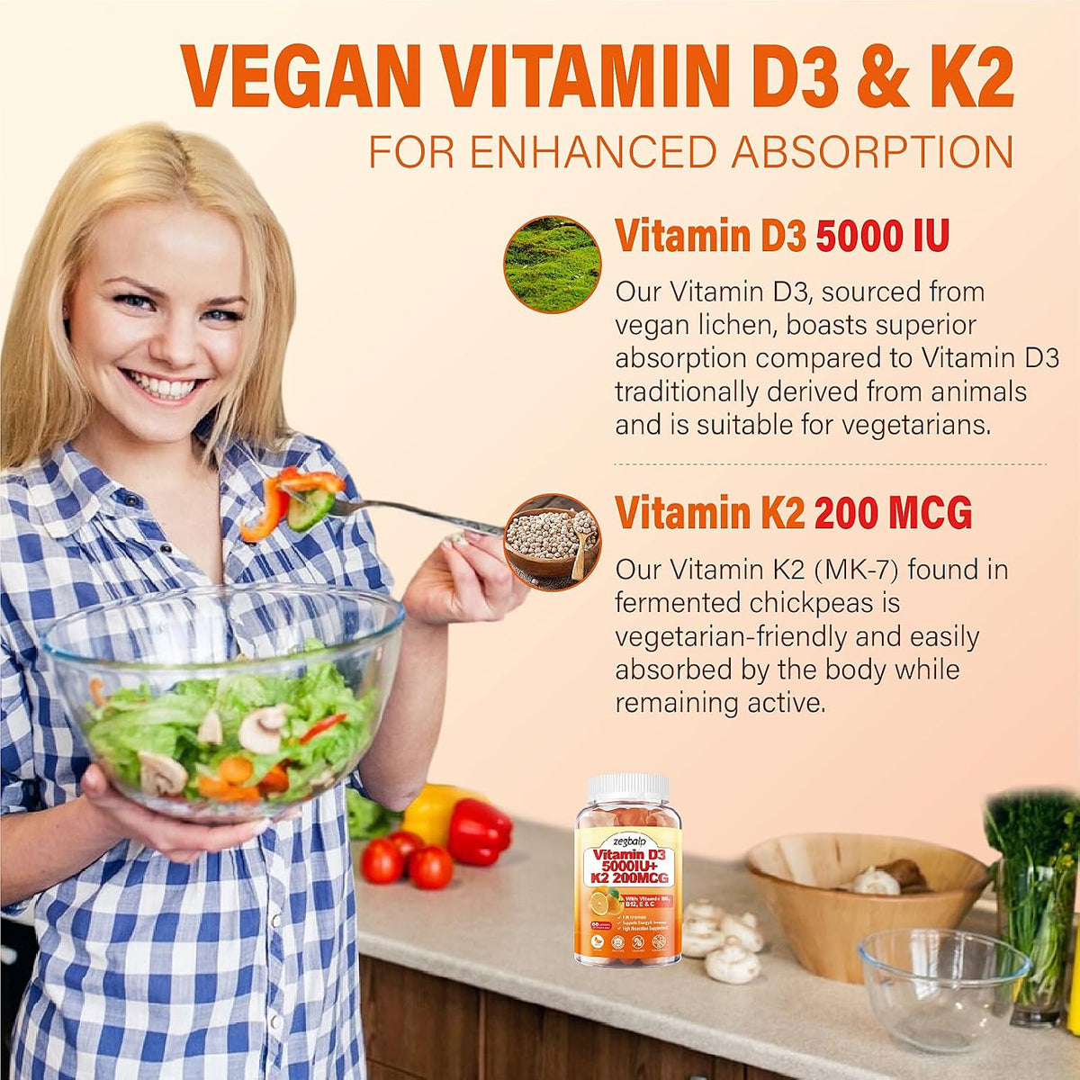 ZEGBALP Vitamin D3 & K2 Gummies - 5000 IU D3 + 200 mcg MK-7 - Sugar-free, Vegan, with B Complex, C & E - görsel 3