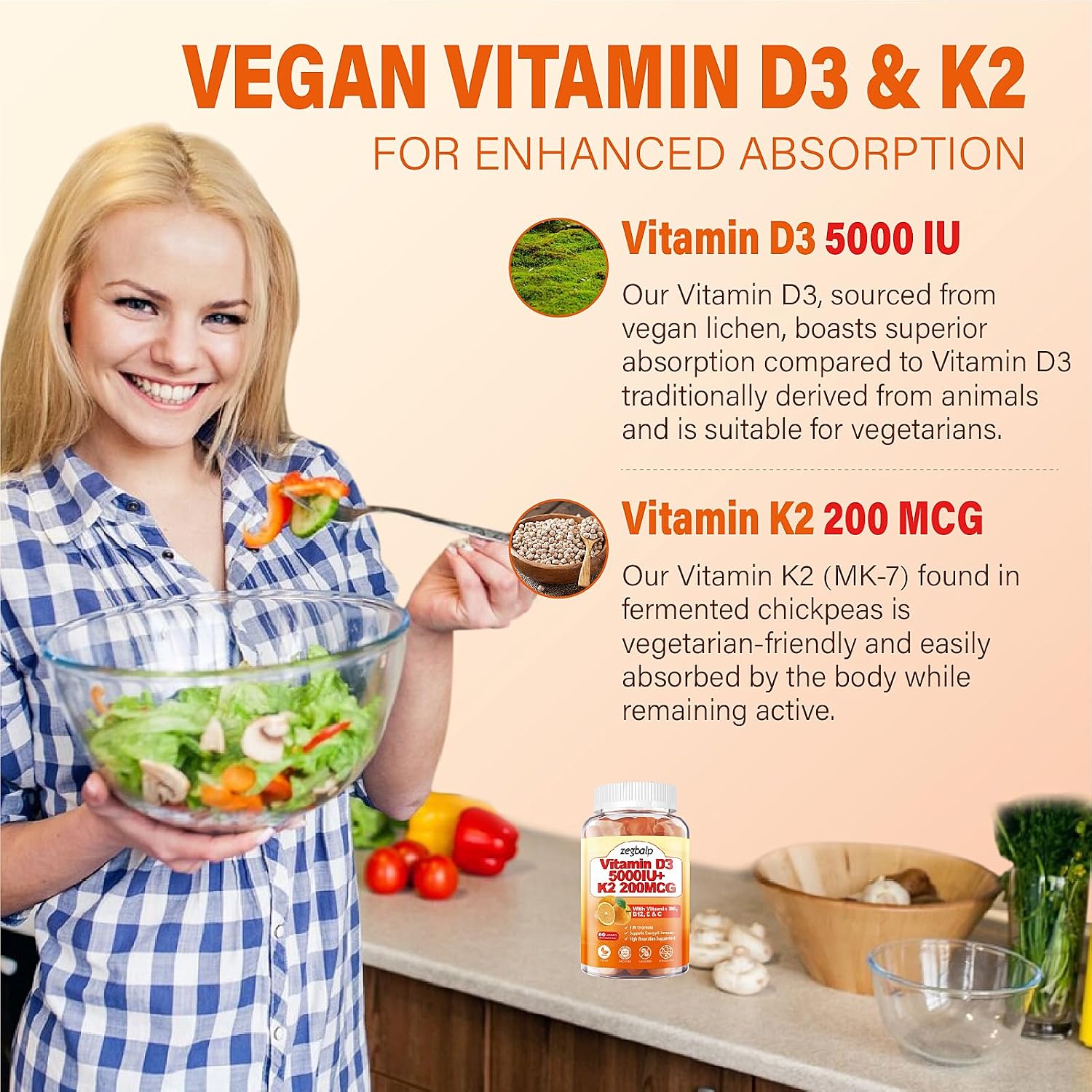 ZEGBALP Vitamin D3 & K2 Gummies - 5000 IU D3 + 200 mcg MK-7 - Sugar-free, Vegan, with B Complex, C & E - görsel 3