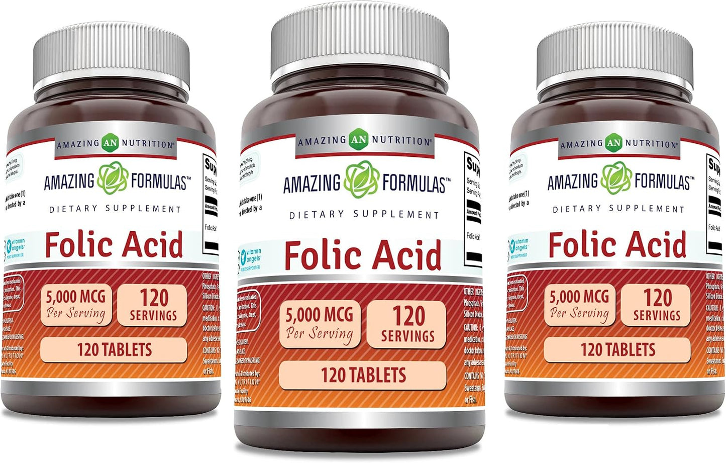 Amazing Formulae Folic Acid 5000 mcg per Serving | Tablets Supplement | Non-GMO | Gluten-Free | Made in USA (3 Pack | 120 Count) - görsel 1