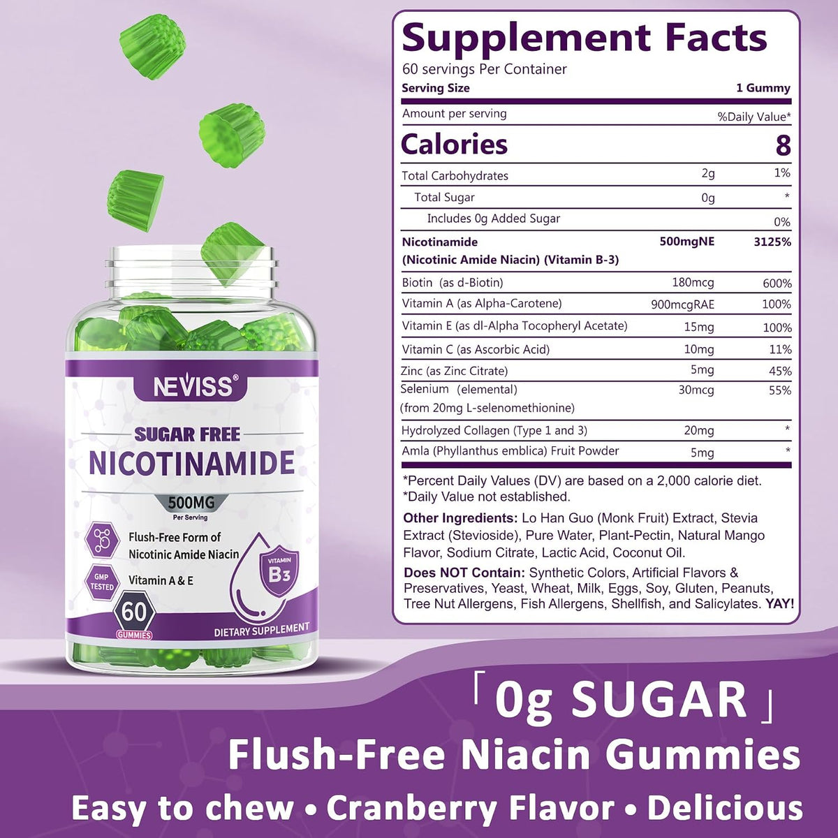 Sugar Free Nicotinamide 500mg Gummies - Flush Free Niacin, Vitamin B3 Niacinamide Supplement, 120 Count - görsel 2