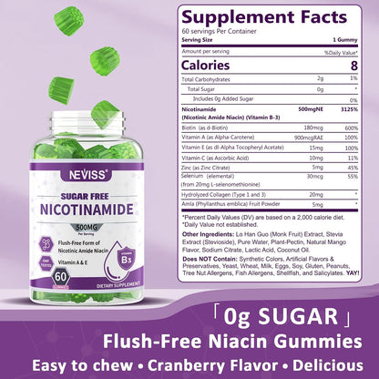 Sugar Free Nicotinamide 500mg Gummies - Flush Free Niacin, Vitamin B3 Niacinamide Supplement, 120 Count
