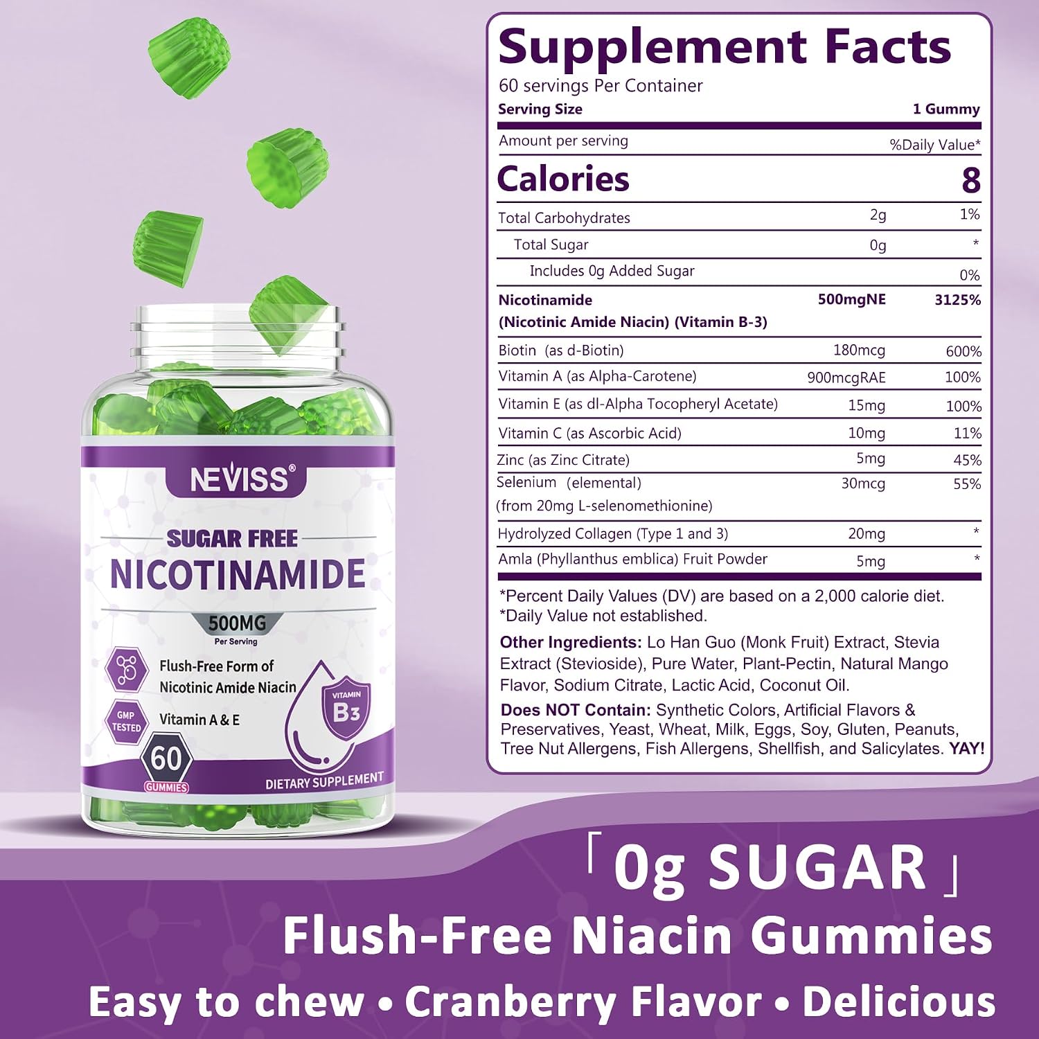 Nicotinamide 500mg Gummies – Flush-Free Vitamin B3 (Niacinamide) Supplement, Sugar-Free, 60 Gummies - görsel 2