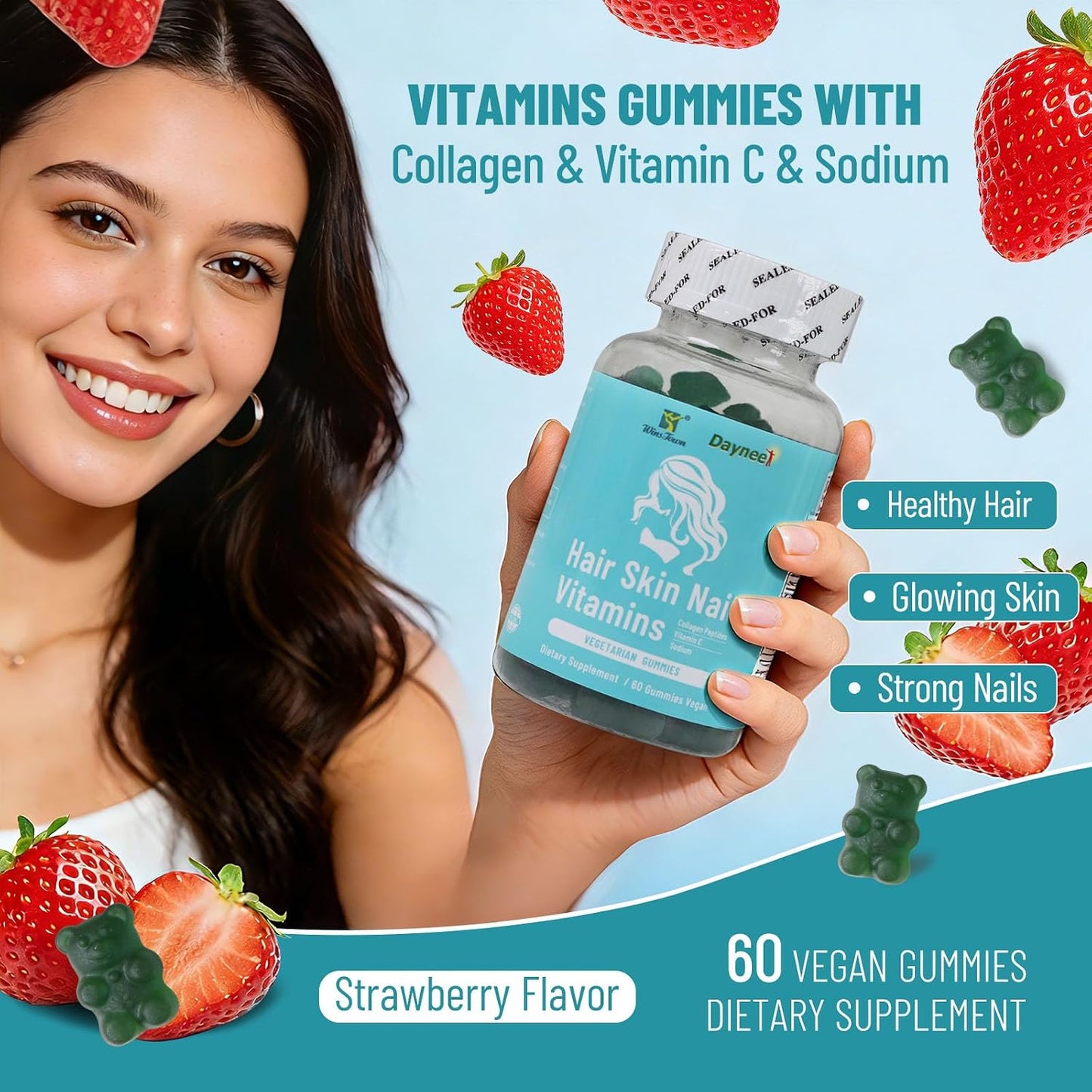 Hair Skin Nails Gummies – Strawberry, 60 Gummies - görsel 2