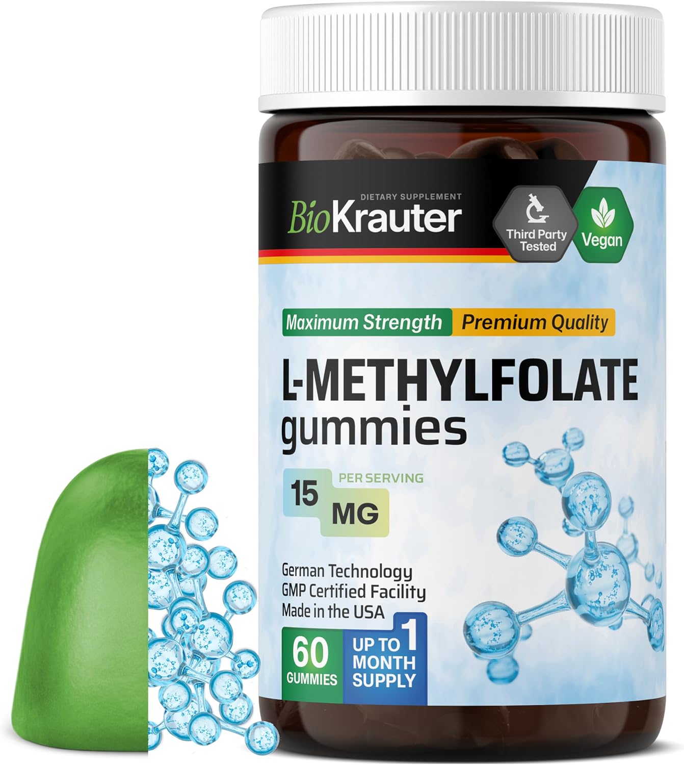 BIO KRAUTER® L-Methylfolate Gummies for Folic Support – Active Folate (Vitamin B9) for Brain & Mood – 15mg, 60 Vegan Gummies, 30-Day Supply - görsel 1