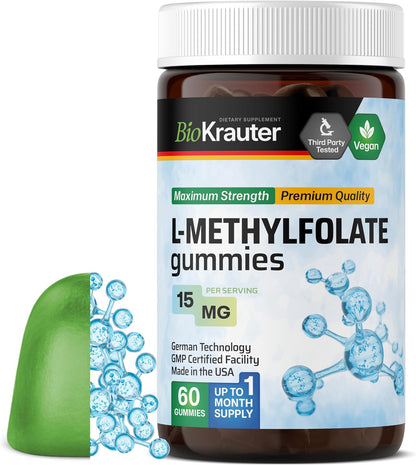 BIO KRAUTER® L-Methylfolate Gummies for Folic Support – Active Folate (Vitamin B9) for Brain & Mood – 15mg, 60 Vegan Gummies, 30-Day Supply