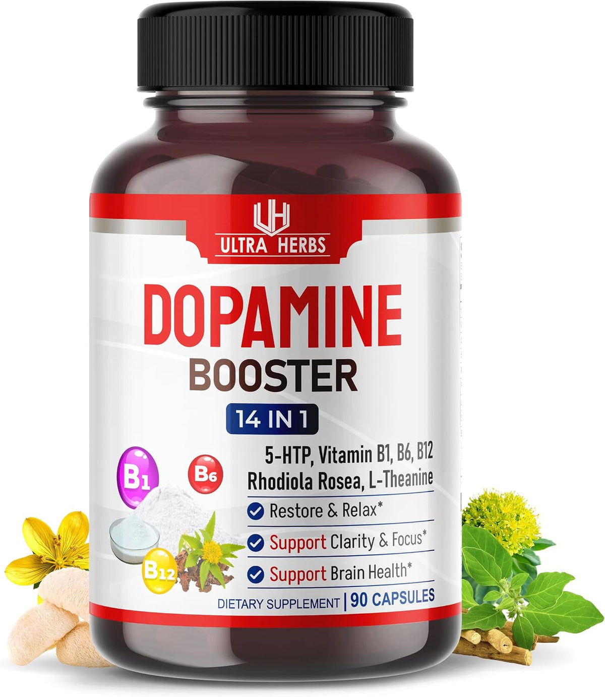 Dopamine Focus Supplement – Ashwagandha, 5-HTP, Rhodiola Rosea, St John's Wort – Support Memory, Clarity, Focus & Relaxation with B1, B6, B12, L-Theanine – 90 Capsules - görsel 1