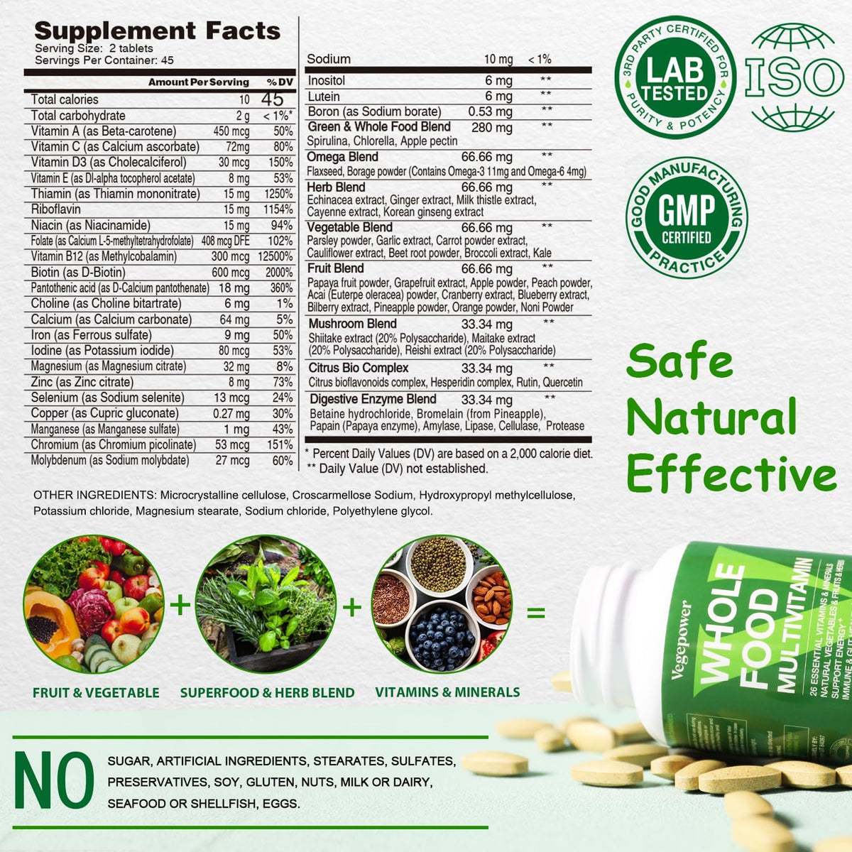 Vegan Whole Food Multivitamin with Iron – Daily Multivitamin for Men and Women, Methylated B-Complex, Non-GMO, 90 Tablets - görsel 2