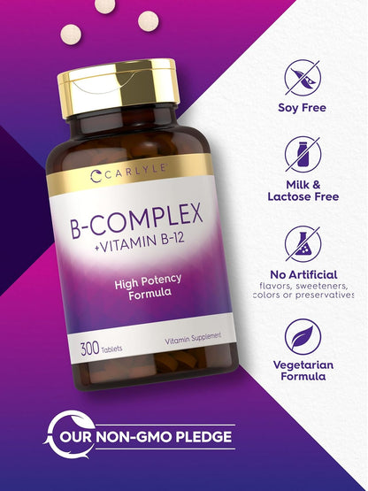 Carlyle B-Complex with B12 - High Potency, Vegetarian Formula, 300 Tablets