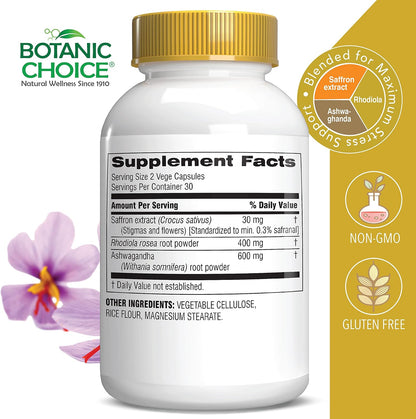 Botanic Choice Stress Complex Capsules – Traditional Herbal Supplement with Saffron, Ashwagandha, Rhodiola – Gluten-Free, 60 Capsules