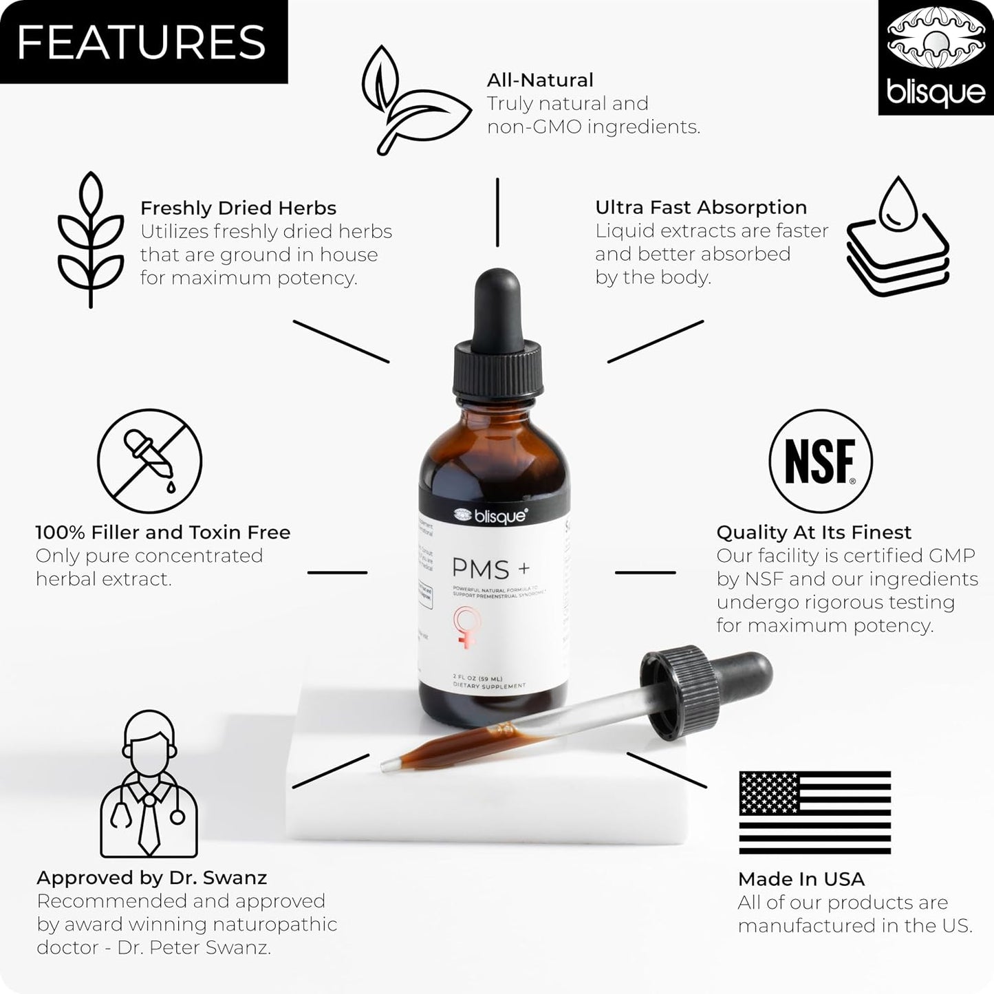 Blisque – Natural PMS Support Supplement for Period Cramps and Bloating Relief | Hormone Balance for Women | with Chasteberry | Doctor Approved | Vegan and Non-GMO | 59ml | 59 Servings - görsel 3