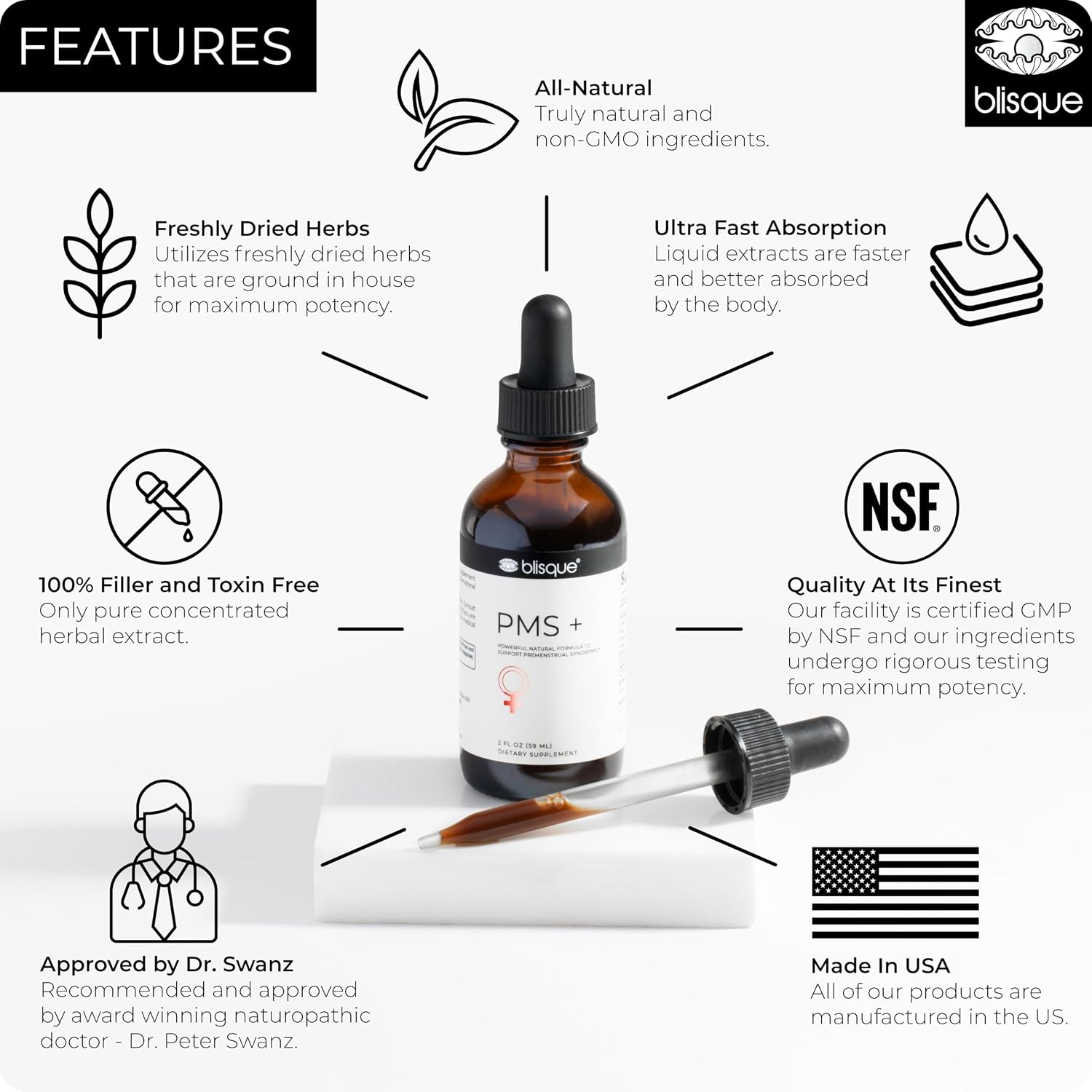 Blisque – Natural PMS Support Supplement for Period Cramps and Bloating Relief | Hormone Balance for Women | with Chasteberry | Doctor Approved | Vegan and Non-GMO | 59ml | 59 Servings - görsel 3