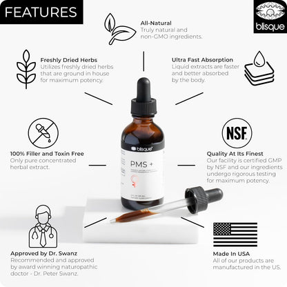 Blisque – Natural PMS Support Supplement for Period Cramps and Bloating Relief | Hormone Balance for Women | with Chasteberry | Doctor Approved | Vegan and Non-GMO | 59ml | 59 Servings