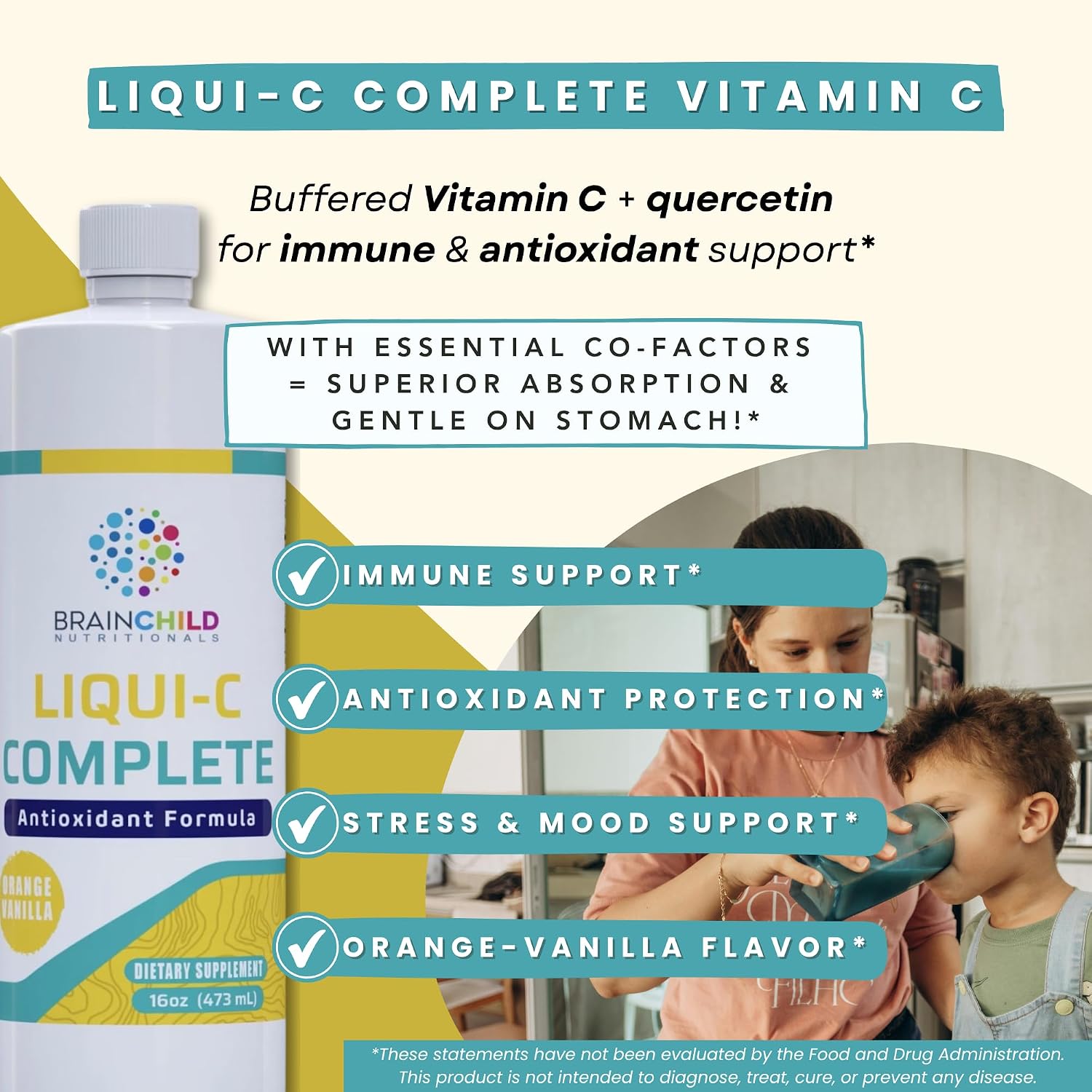 BrainChild Nutritionals Liqui-C Complete Liquid Vitamin C – Buffered Ascorbic Acid with Quercetin Bioflavonoids, Gluten-Free, Orange-Vanilla (473 ml) - görsel 2
