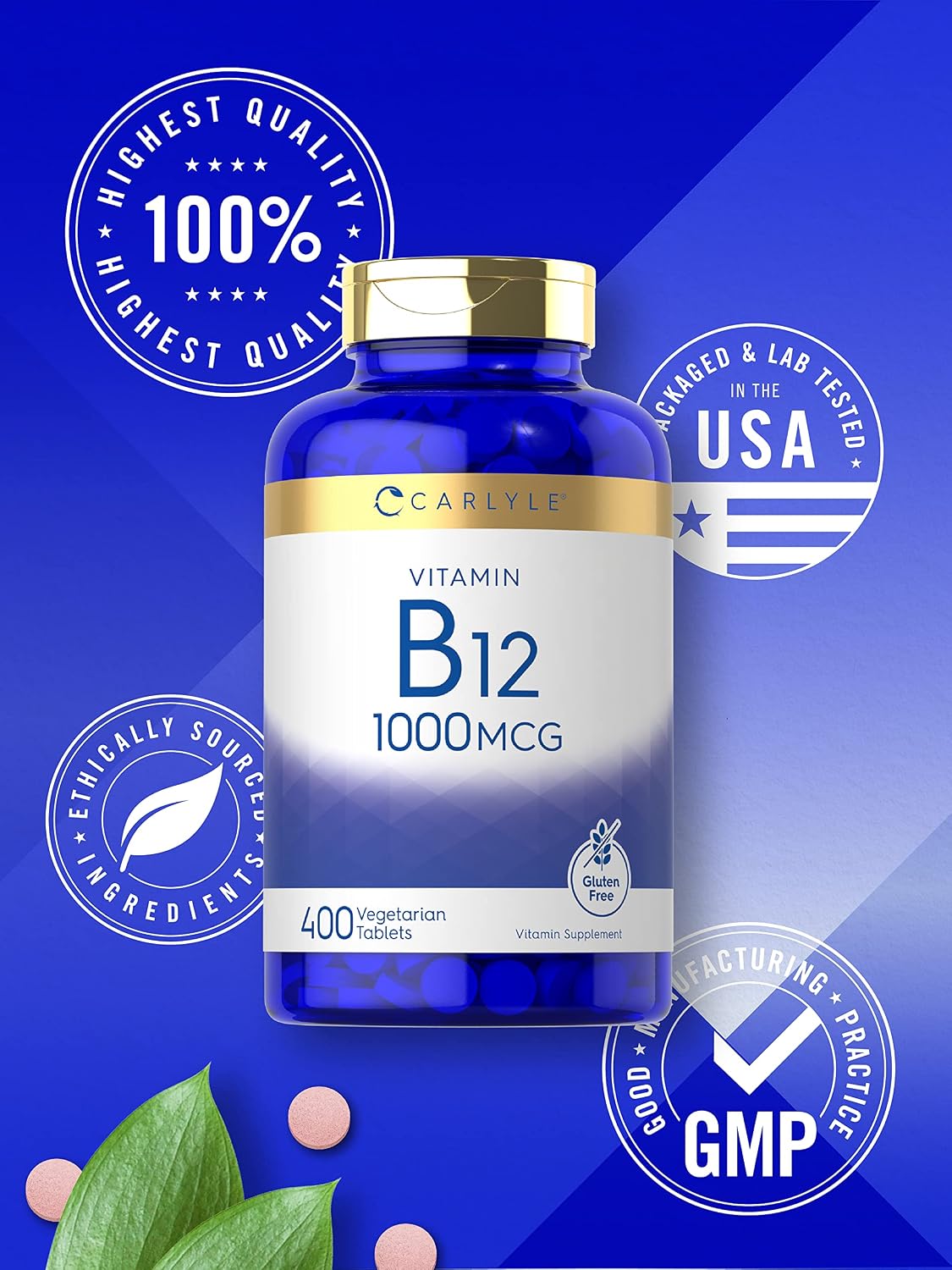 Carlyle Vitamin B12 1000 mcg | 400 Tablets | Vegetarian, Non-GMO, Gluten-Free Food Supplement - görsel 5