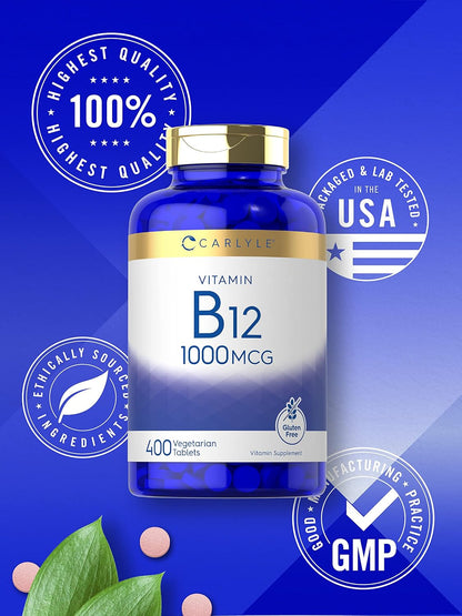 Carlyle Vitamin B12 1000 mcg | 400 Tablets | Vegetarian, Non-GMO, Gluten-Free Food Supplement