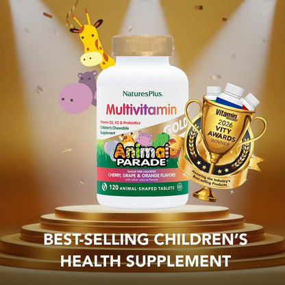 NaturesPlus Animal Parade Gold Children's Multivitamin - Assorted Cherry, Orange & Grape Flavours - 60 Chewable Tablets, Pack of 2 - Vegetarian, Gluten-free - 60 Total Servings